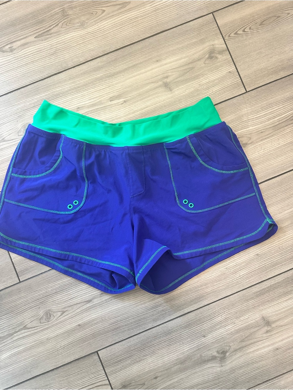PrAna Blue Green Swim Board Shorts Pocket Athletic Swim Bottoms Size M